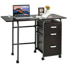Folding Computer Laptop Desk Wheeled Home Office Furniture W/3 Drawers Brown - £172.92 GBP