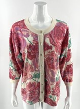 Bob Mackie Wearable Art Cardigan Sweater Size Large Cream Pink Green Floral - £27.36 GBP