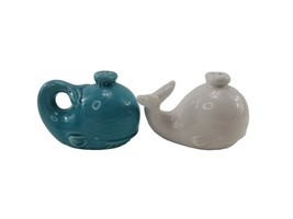 Stoneware Whale Salt &amp; Pepper Shakers Blue Turquoise White Cracker Barre... - $126.79 MXN