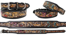 100% Cow Leather Amish Padded Leather Hand Crafted Tooled Dog Collar 60FK43 - £38.37 GBP+