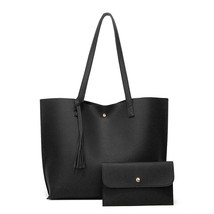 2Pcs Fashion Women Solid Color Composite Bags PU Large Tassel Tote Shoulder Bag  - £21.97 GBP