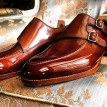 New Brown Double Monk Strap Leather Wedding Wear Handmade Shoes - £111.88 GBP