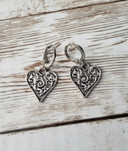 Ornate Silver Tone Heart Drop Earrings - New - £10.35 GBP