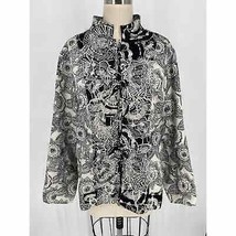 Chico&#39;s Stand Collar Lightweight Jacket Sz 3 Black White Floral Embroidered Silk - £31.00 GBP