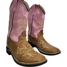 Old West Brown Pink Embroidered Square Toe Cowboy Boots VB9145 Kids Size... - $27.55