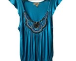 One World Womens Blue Tunic Top Size S Sequined Cap Sleeve - $15.99