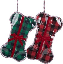 2 Pcs 1 Green &amp;1 Red 19&quot; ea Pet Dog Christmas Stocking Bone Shape Clear W Plaid - £14.96 GBP