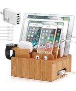 Bamboo Charging Station with AirPods &amp; iWatch Stand + 5 Cables &amp; USB Cha... - £47.18 GBP