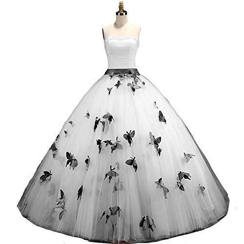 Kivary Strapless A Line White and Black Butterfly Gothic Pearls Long Prom Gowns