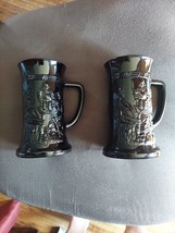 2 Vintage Black Glass Mug Tiara Glass Stein Tankard Beer Pub Scene Indiana  - £23.16 GBP