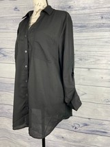 Maurices Button Front Blouse Women 0X V Neck Pocket Roll Tab Sleeve Black Pleat - £8.43 GBP