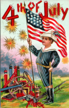 4th Of July Patriotic Fireworks Firecracker Postcard Boy American Flag - £14.28 GBP