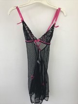 Victorias Secret Black Sheer Stretch Lace Pink Ribbons Lingerie Nightgow... - $59.99