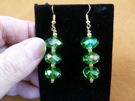 (EE503-99) emerald green Austrian crystal 12x8 mm 3 bead dangle gold earrings - £20.26 GBP