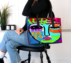 Colorful Abstract Art Oversize Vegan Leather Tote Bag Shoulder Bag Handbag  - £78.15 GBP