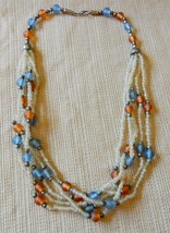 Lovely vintage 3 strand blue, orange &amp; clear frosted glass beaded necklace - £9.58 GBP