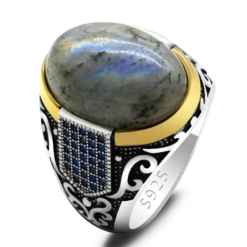 New authentic sterling silver antique Turkish blue zircon ring and labradorite m - £47.45 GBP