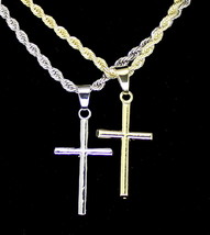 Men Women Thin Cross Plain Pendant 14k Gold Silver Plated 24&quot; Cuban Necklace  - £7.98 GBP