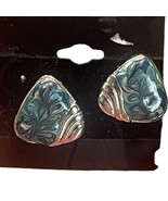 Silver Tone Triangle Stud Earrings Blue Marble Swirl Enamel Pierced Post... - $12.99