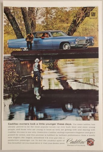Primary image for 1968 Print Ad Cadillac Blue 2-Door Car on Bridge Man Fishing in Stream