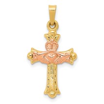 14K Two Tone Gold Claddagh Cross Pendant Charm Jewerly 28mm x 15mm - £102.67 GBP