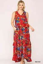 New Gigio by Umgee Medium Red Floral Tiered Cotton Maxi Dress Side Pockets - £21.80 GBP