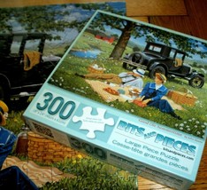 Jigsaw Puzzle 300 Large Pcs Daisy Field Picnic Vintage Car Farm Cows Complete - $12.86