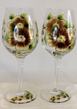 Beautifully Hand Painted Wine Glasses 2 PC. Iredecent Brown Flowers Gold Tone... - £19.95 GBP