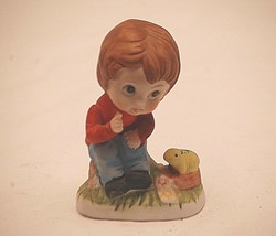 Old Vintage Little Boy w Toad Frog Bisque Figurine Shadow Box Shelf Decor - £7.90 GBP