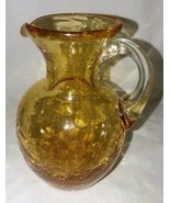 Amber Crackle Glass Pitcher Hand Blown  Vintage Applied Clear Handle 4 I... - $14.99