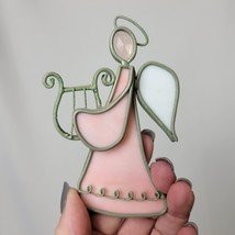 Stained Slag Glass Pink Angel w/ Harp Christmas Ornament Holiday 4.5&quot; - £10.30 GBP
