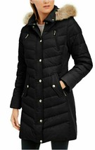 Michael Kors Black Hooded Fur Down Chevron Puffer Coat Jacket Petite Large 12 14 - £175.42 GBP