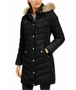 MICHAEL KORS BLACK Hooded Fur Down Chevron Puffer Coat Jacket Petite Lar... - $219.50