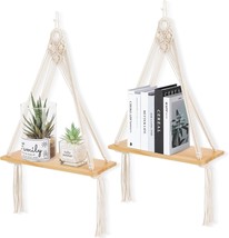 Macrame Wall Hanging Shelf Set Of 2,Boho Wooden Display Floating Shelves... - $39.98