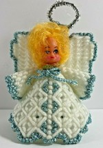 Vintage Blond Blue White Needlework Angel Christmas 3.5 in Ornament - £13.44 GBP