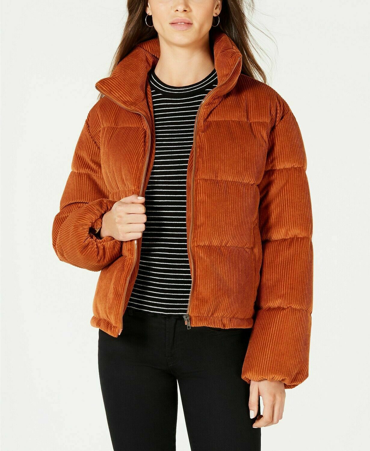 Collection B Juniors&#39; Cropped Corduroy Puffer Coat (L, Rust) - $36.42