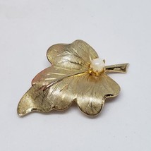 Vintage Unsigned Leaf White Faux Pearl Gold Tone Pin Brooch - $14.95