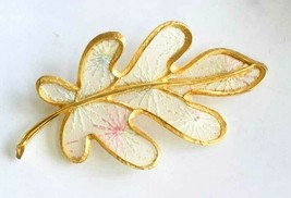 Fabulous Pastel Embroidered Cloth Gold-tone Leaf Brooch 1960s vintage 3 5/8&quot; - £11.17 GBP