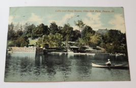 1910 Lake &amp; Boat House Glen Oak Park, Peoria Ill Post Card Man in Rowboa... - £6.10 GBP