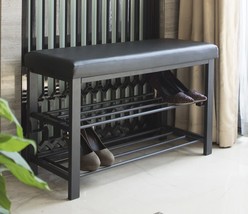 Black Finnhomy Entryway Shoe Rack With Cushioned Seat, Two Shelf Storage Bench - £57.72 GBP