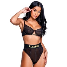 Mesh Satin Cage Bra Set Playboy Logo High Waisted Panty Sheer Black Gold LI119 - $40.98+