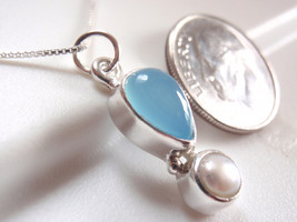 Cultured Pearl and Light-Blue Chalcedony 925 Sterling Silver Necklace - £20.23 GBP