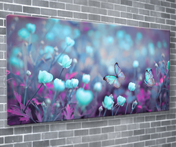 Blue Flowers And Butterflies Canvas Print Floral Wall Art 55x24 Inch  - £71.61 GBP