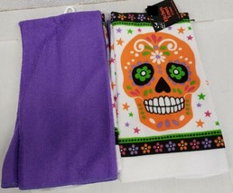 Set Of 2 Different Microfiber Towels(14X24&quot;)Halloween Day Of The Dead &amp;Purple Dg - £19.47 GBP
