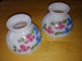 2 VINTAGE HAND-PAINTED FLORAL MILK GLASS LAMP SHADES-8&quot; DIAMETER-EXCELLENT - £35.76 GBP