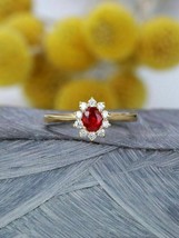 0.62 Ct Ruby And Round Diamonds Halo Engagement Ring in 14K Rose Gold Over - £78.49 GBP