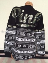 Victoria&#39;s Secret Pink Dog Fair Isle Silver Sequin Bling Holiday Varsity Crew -M - £95.91 GBP