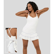 Halara Ribbed Knit Sleeveless Crisscross Frill 2-in-1 Mini Casual Dress White L - £34.17 GBP