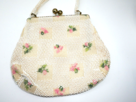 VTG Corde Bead Lumured White Pink Roses Beaded Purse Handbag Clutch Kiss... - £14.15 GBP