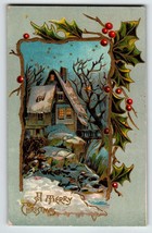 Christmas Postcard Winter Cottage Starry Night Moon Embossed Holly Trees... - $19.95